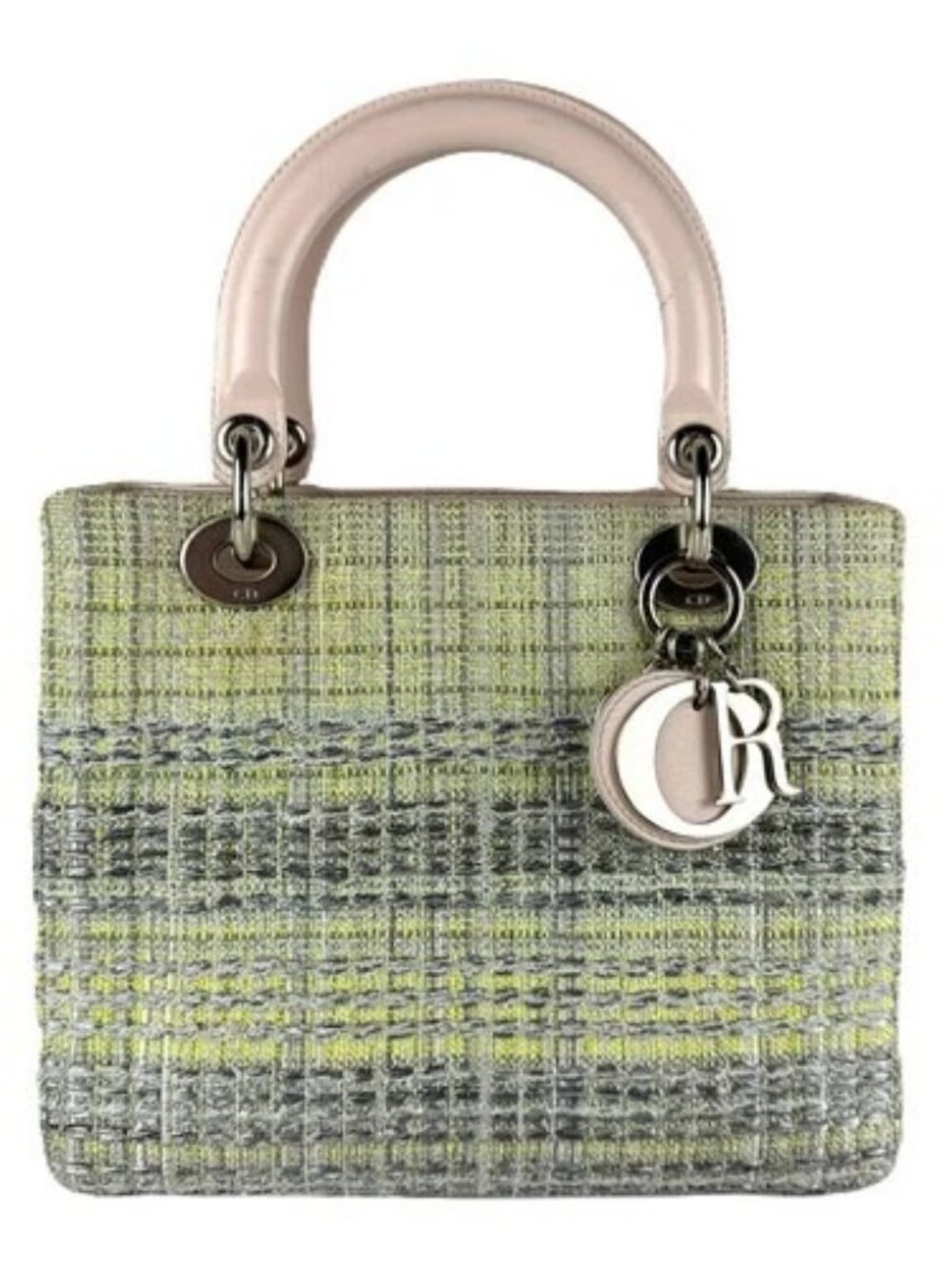 Auth Christian Dior Lady Dior Handbag Shoulder Bag Green/Pink Beige Tweed z8007